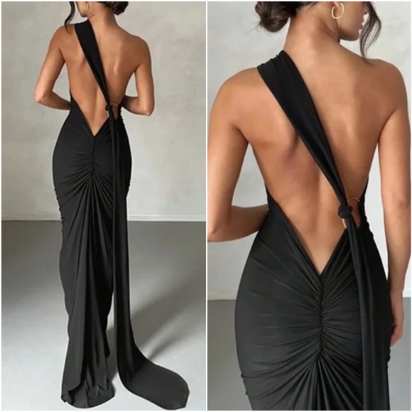 Luxe Backless Asymmetrical Neck Bodycon Party Formal Dress - Picture 6 of 7